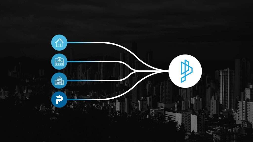Image of a digital token on a virtual background with a real estate building silhouette representing the concept of real estate tokenization