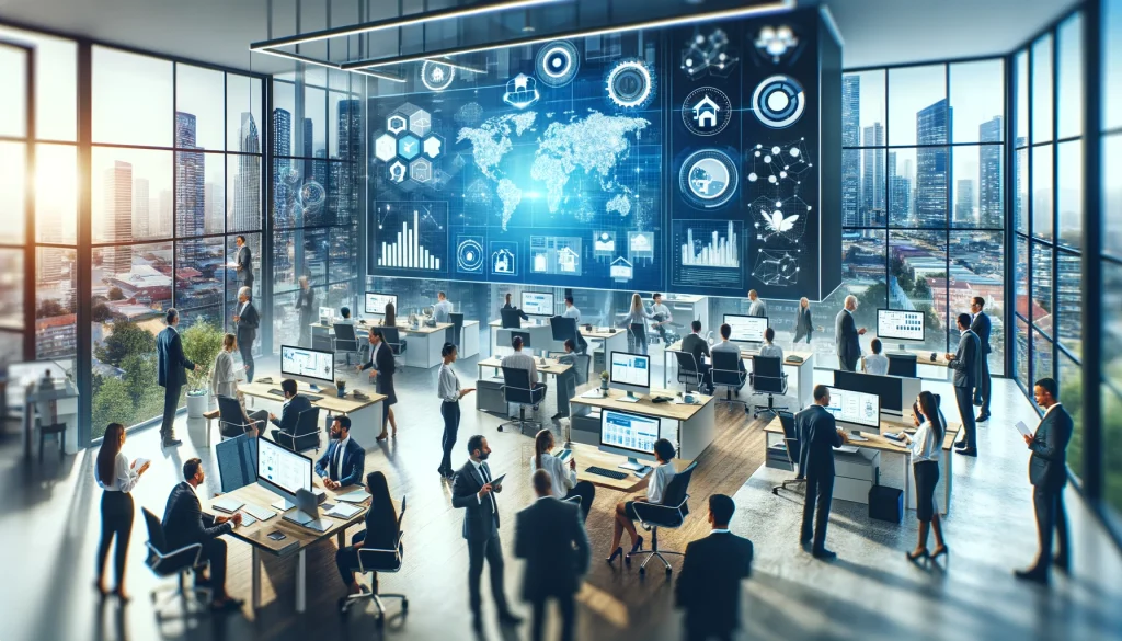 Efficient property management team in a modern office, using advanced technology and strategies for effective real estate management