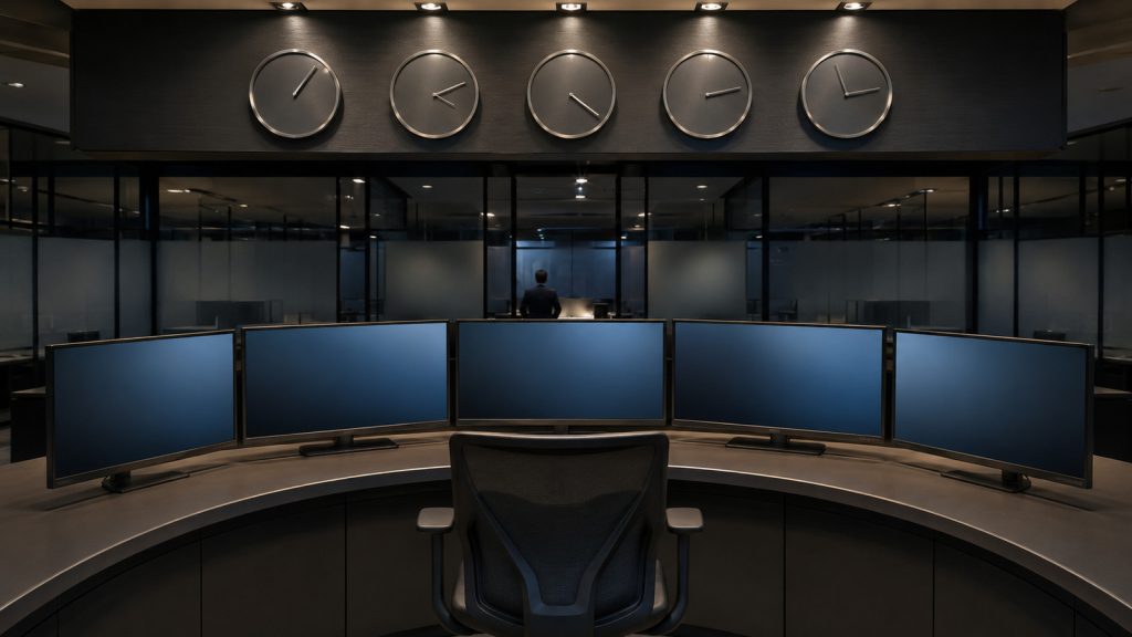 Blank overnight trading monitors beneath unmarked world clocks in an institutional operations room