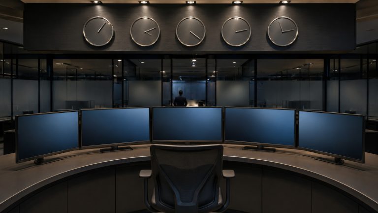 Blank overnight trading monitors beneath unmarked world clocks in an institutional operations room