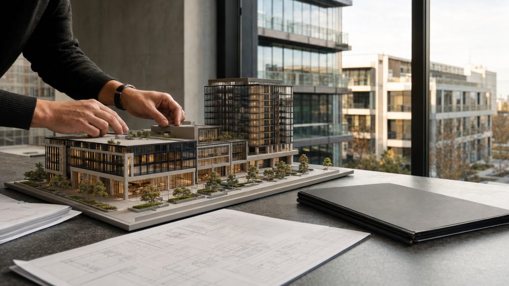 Investment analyst reviewing a mixed-use property model for a commercial real estate stress test