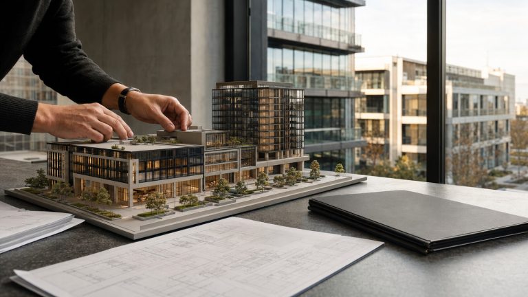 Investment analyst reviewing a mixed-use property model for a commercial real estate stress test