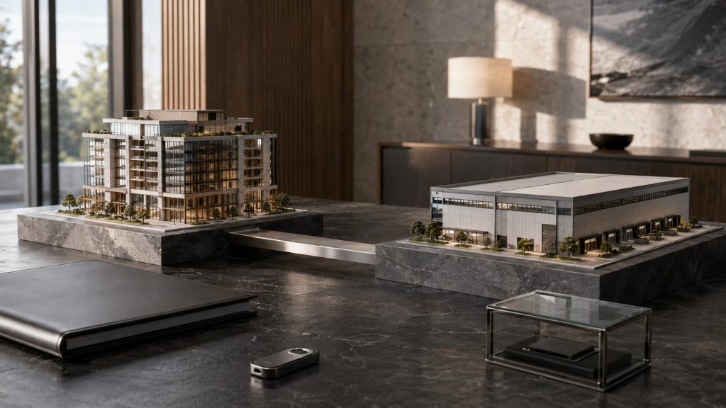 Architectural models of two real-world assets connected across an institutional investment table