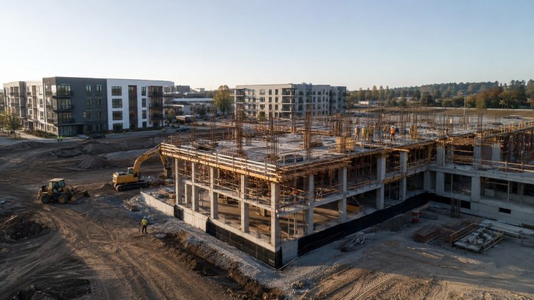 Multifamily apartment development under construction with completed residential buildings in the background
