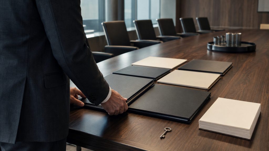 Finance executive organizing blank reporting folios in a boardroom for IPO readiness
