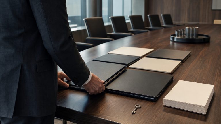 Finance executive organizing blank reporting folios in a boardroom for IPO readiness
