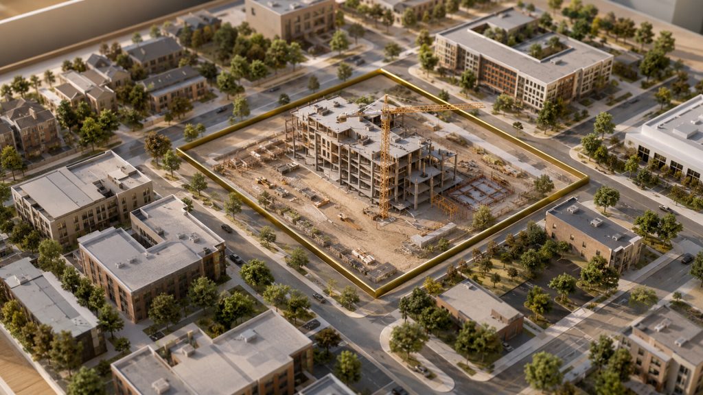 Urban development parcel highlighted within a neighborhood model for Opportunity Zone redesignation