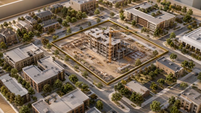 Urban development parcel highlighted within a neighborhood model for Opportunity Zone redesignation