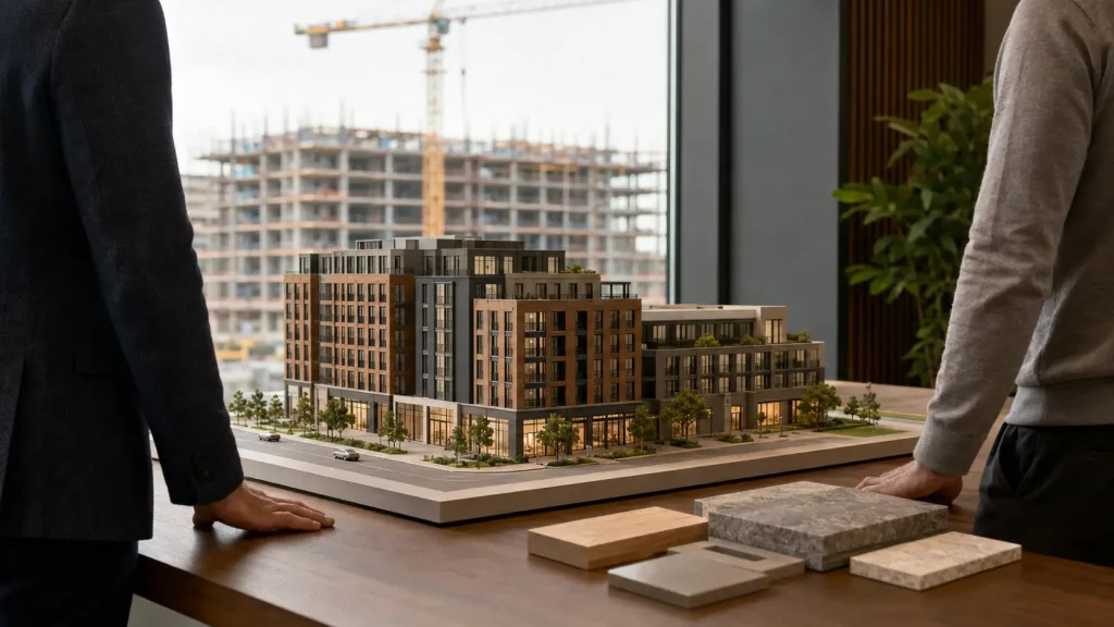 Architectural model and development plans arranged for a real estate project risk review