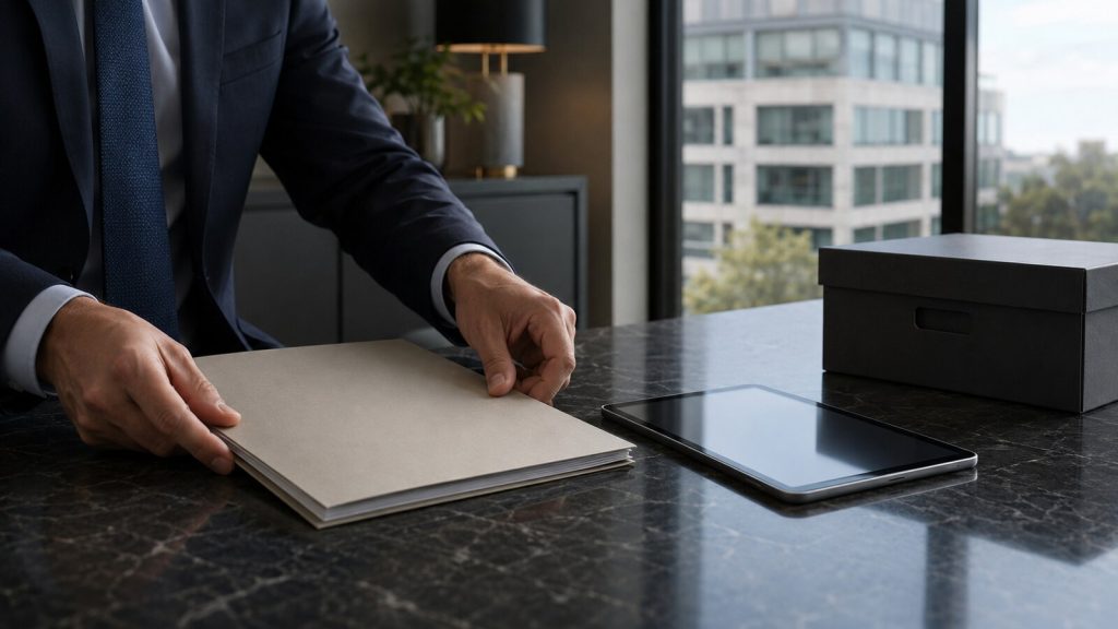 Investment professional handling paper disclosures beside a tablet and secure document archive