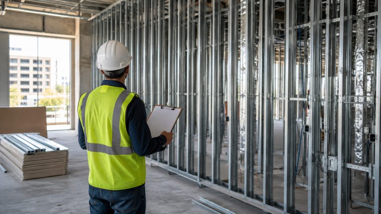 Construction professional inspecting installed wall framing for a construction productivity review