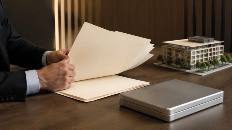 Investor reviewing blank fund records beside a secure case and property model