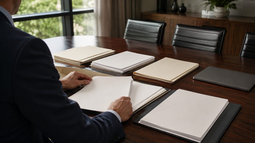Business owner reviewing blank financial folios for a quality of earnings report