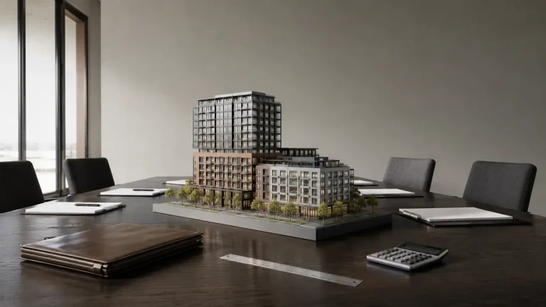 Architectural model and review materials for a real estate investment memo