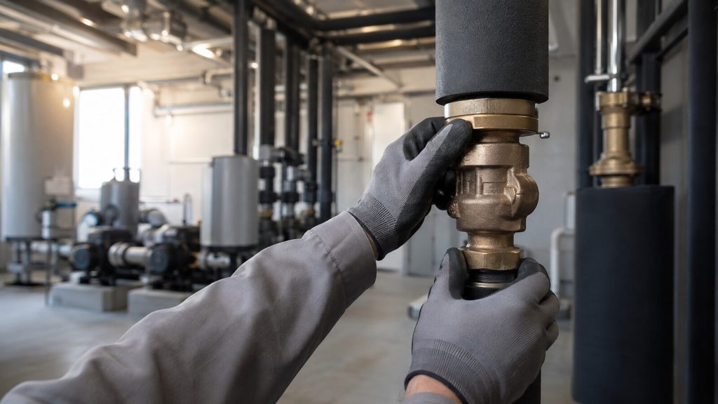 Facilities professional inspecting an unmarked control valve to manage real estate operating expenses