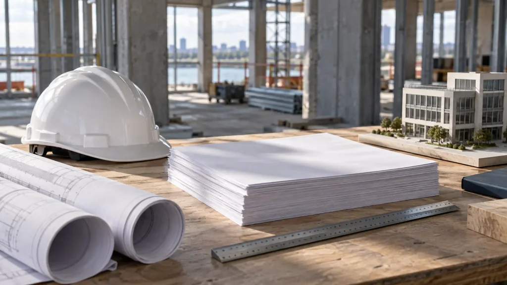 Construction documents, plans, and commercial building model prepared for a construction loan draw review