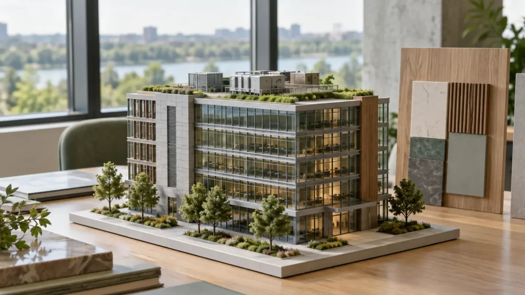 Sustainable office building model and blank material boards prepared for a LEED versus ENERGY STAR underwriting comparison